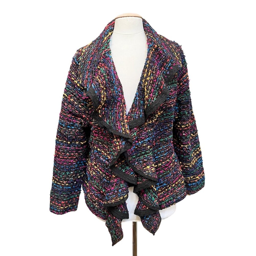 Berek Multicolor Boucle Waterfall Ruffle Cardigan Jacket Black Multicolor XL